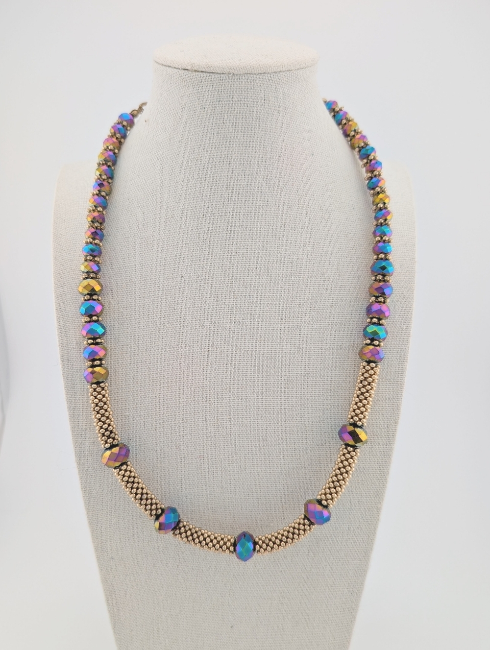 Vintage Iridescent Crystal Beaded Gold Necklace Gold, Purple, & Blue